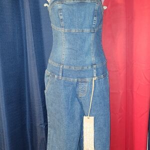 Hot Kiss Denim strapless romper jumpsuit small new old stock cropped Capri
